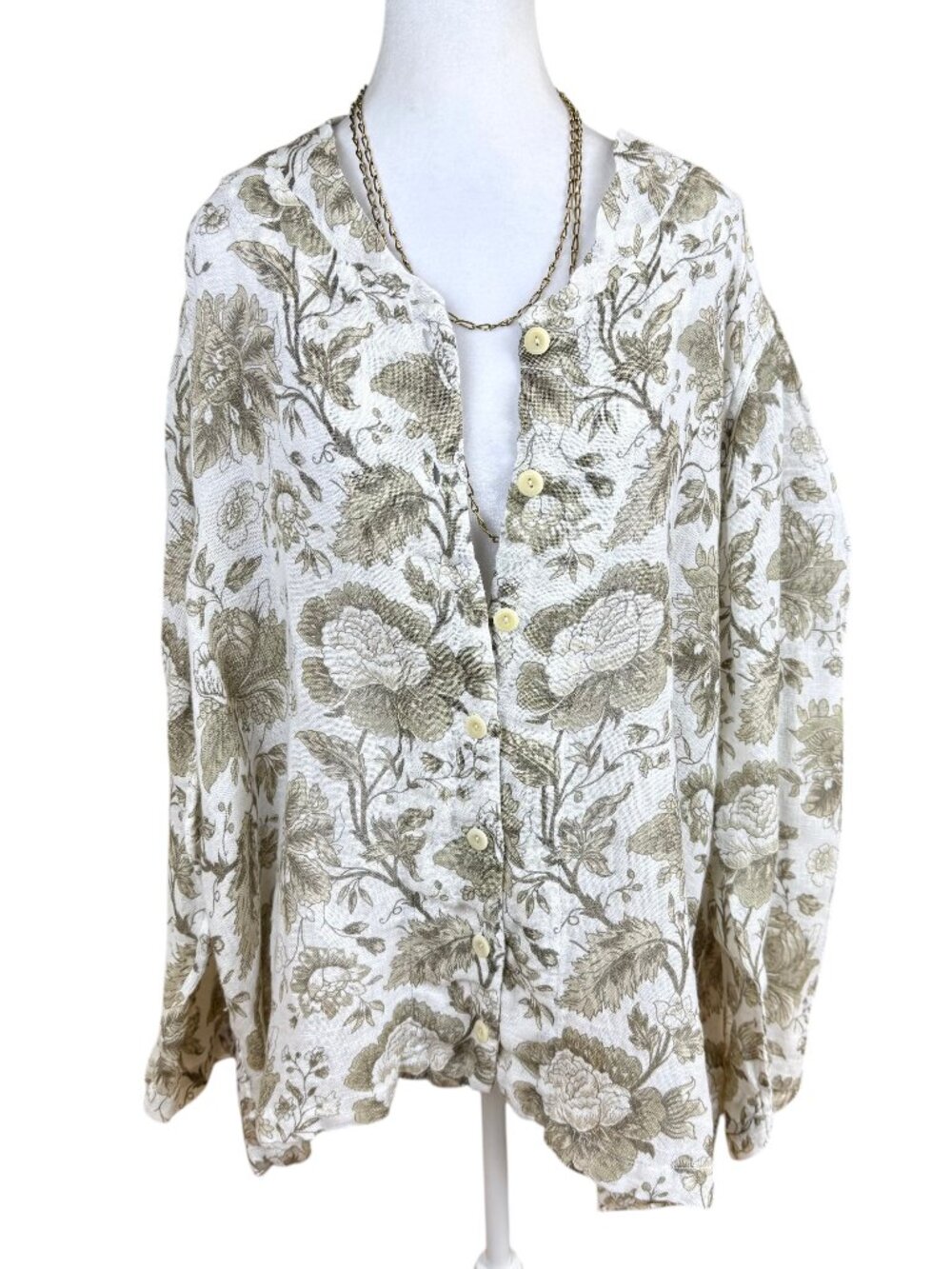 Flax Linen Jacket Lightweight Button Front Beige White Floral (1G, 1X)